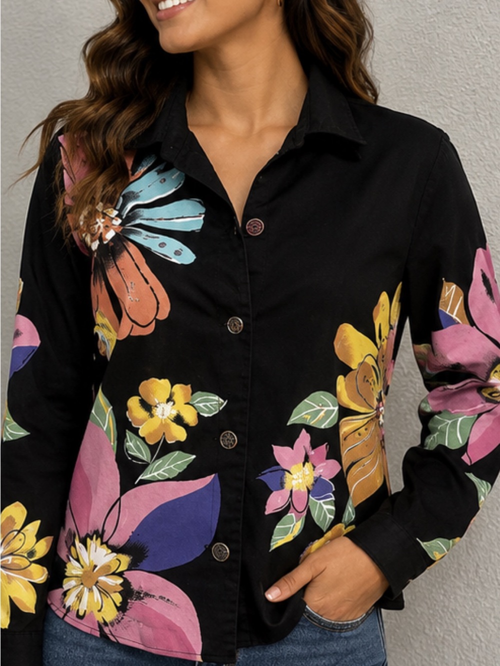 Black Floral Button-Down Shirt Jacket - Black with Multicolor Flowers